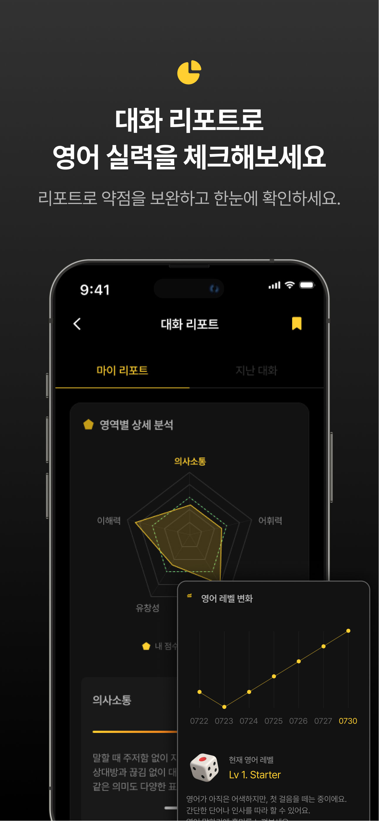 대화 리포트로 영어 실력을 체크해보세요 - 영역별 상세 분석과 레벨 변화 그래프